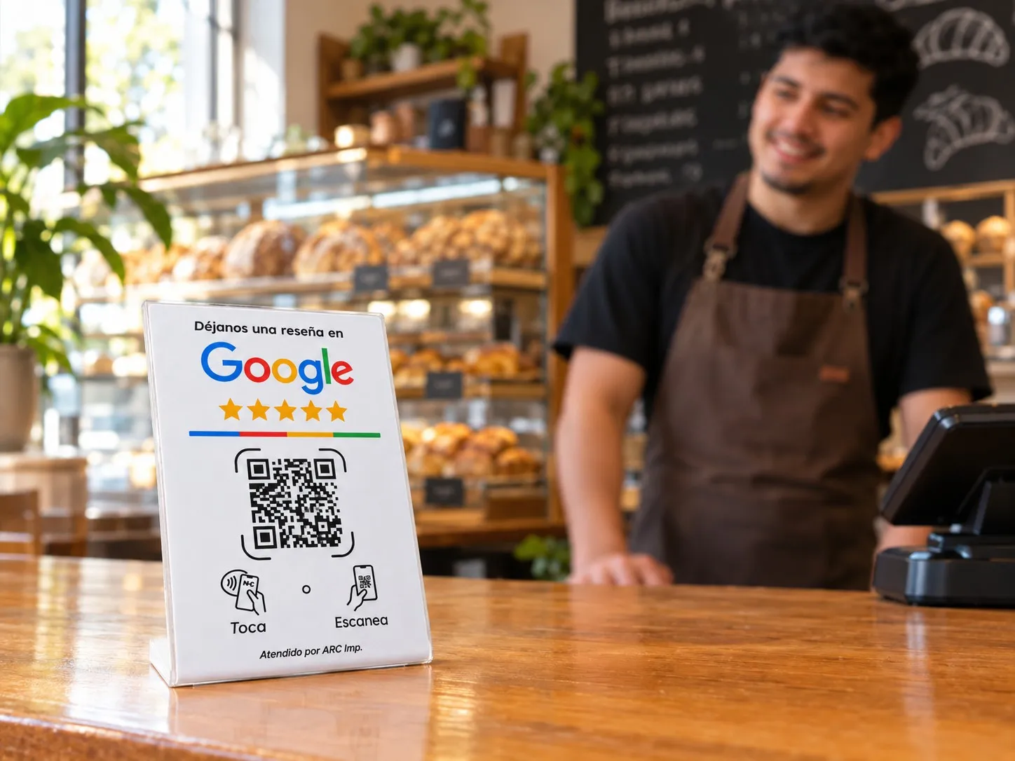 Tarjeta NFC de reseñas de Google sobre el mostrador de una panadería