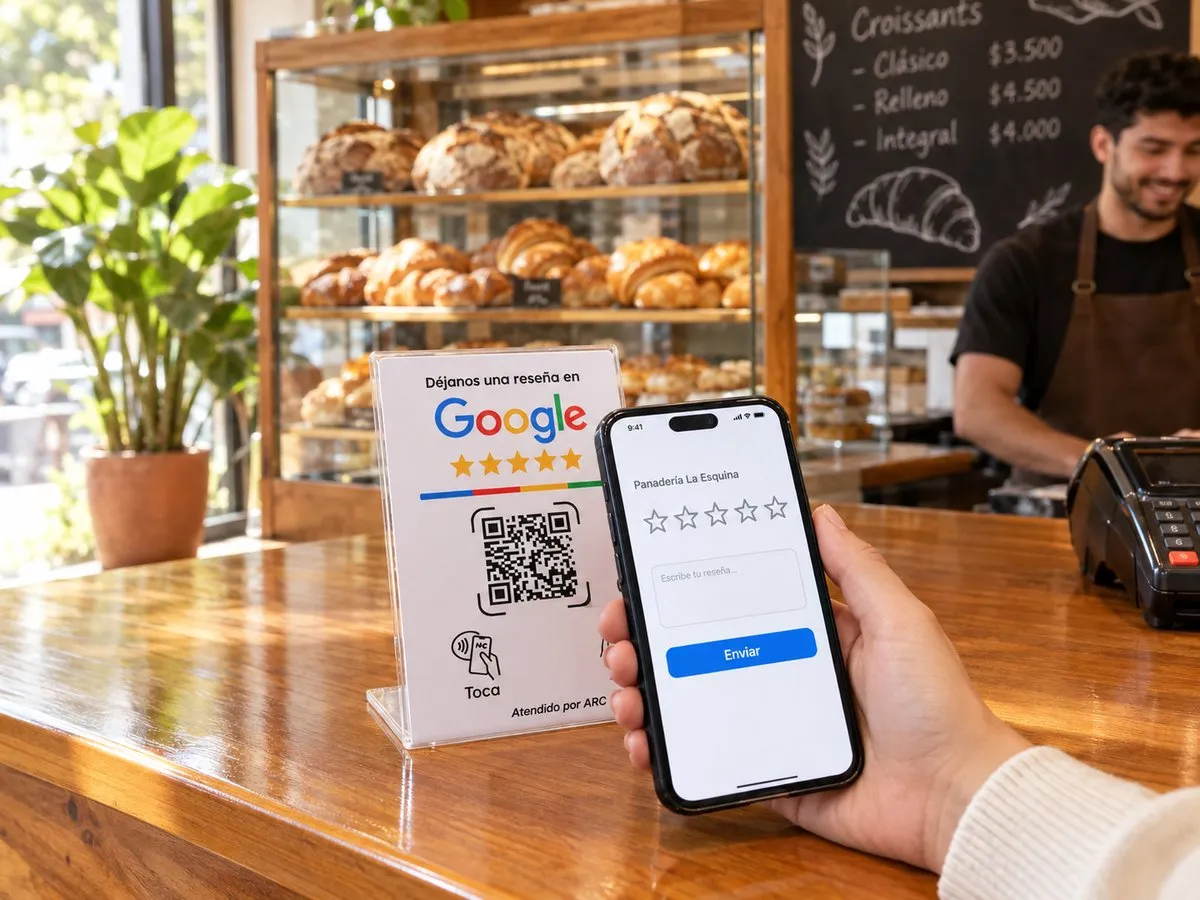 Cliente acercando el celular a la tarjeta NFC, con la pantalla de reseñas de Google abierta